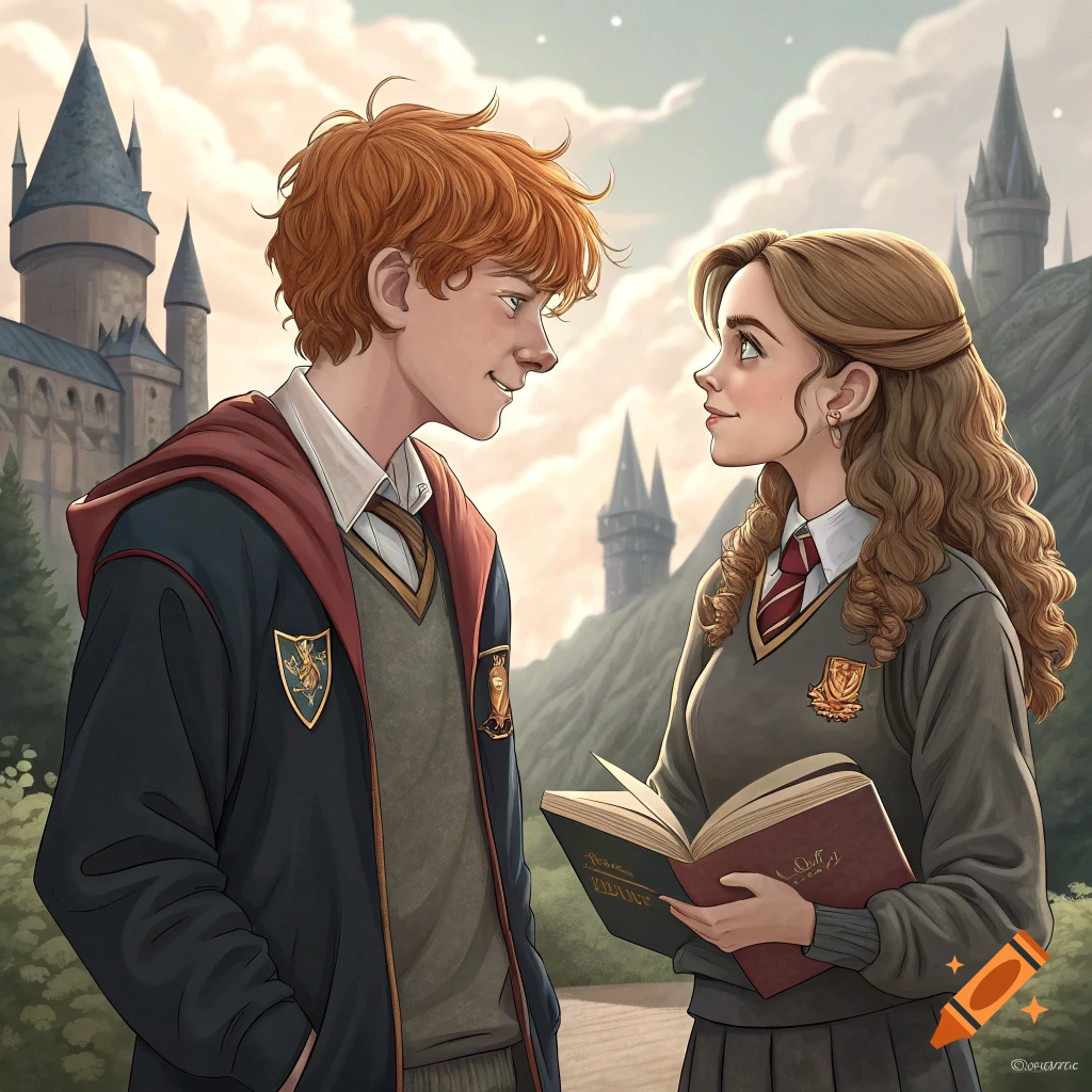Illustration of two young people resembling Ron and Hermione looking at each other in a castle courtyard, one holding a book.