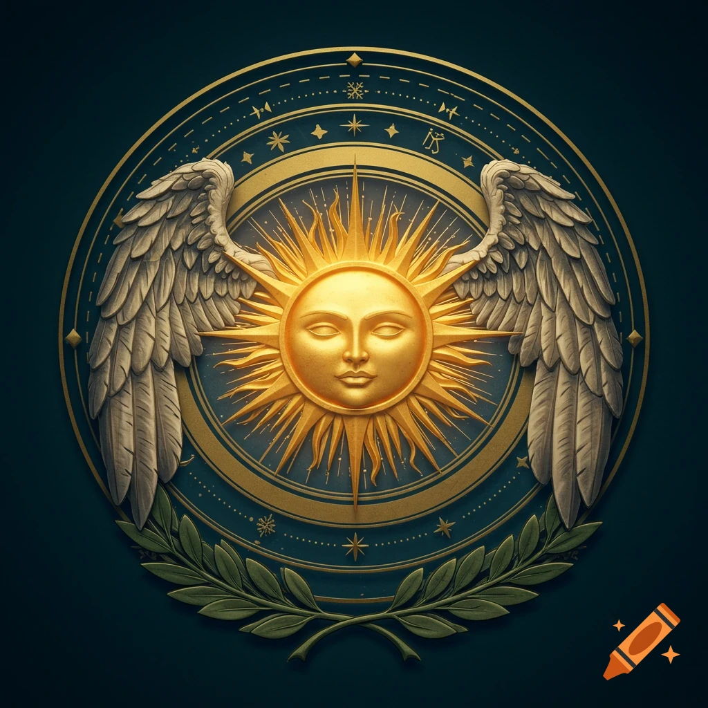 A circular golden sigil featuring a sun with a face, angel wings, and a laurel wreath.