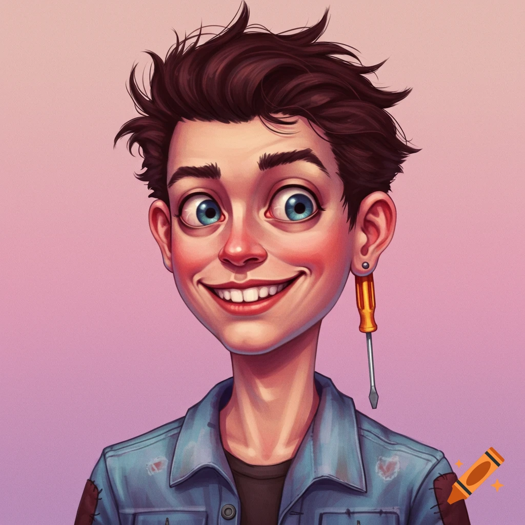 A smiling person with wide blue eyes and a screwdriver earring.