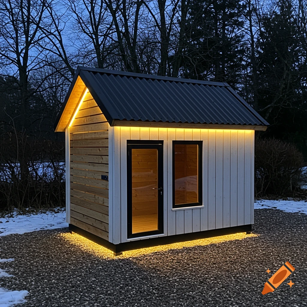Modern doghouse with LED lights at twilight in a snowy landscape.