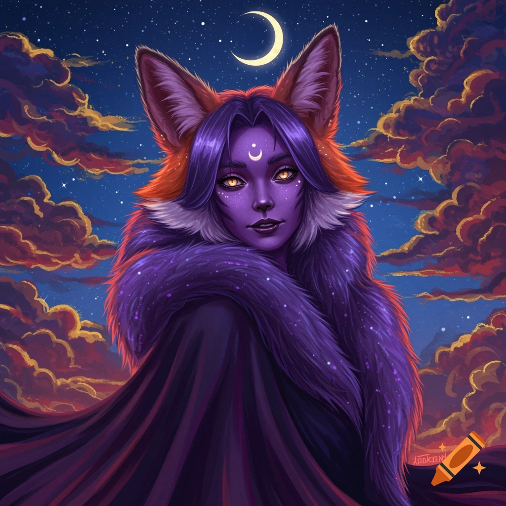 A vixen woman with purple skin and fox ears under a starry night sky with clouds.