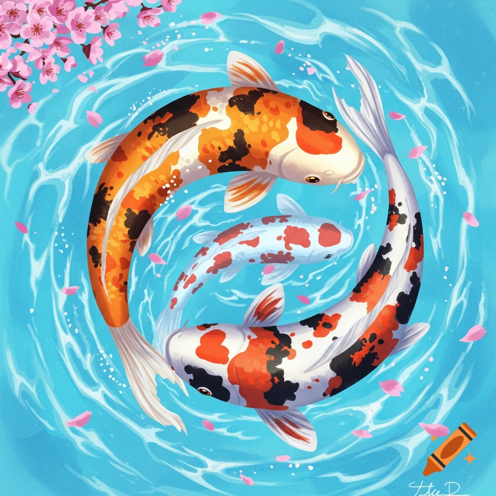 Three colorful koi fish circling in blue water with cherry blossom petals