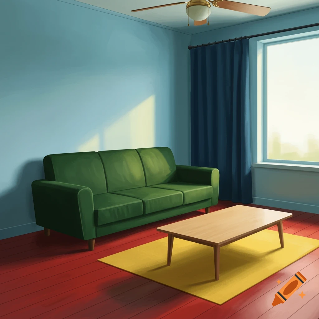 Living room with a green sofa, coffee table, yellow rug on red floor, blue walls, and blue curtains.