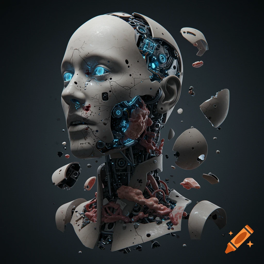 A disassembled robot head floats with pieces broken away, revealing internal wires, circuits, and organic material with blue glowing lights.