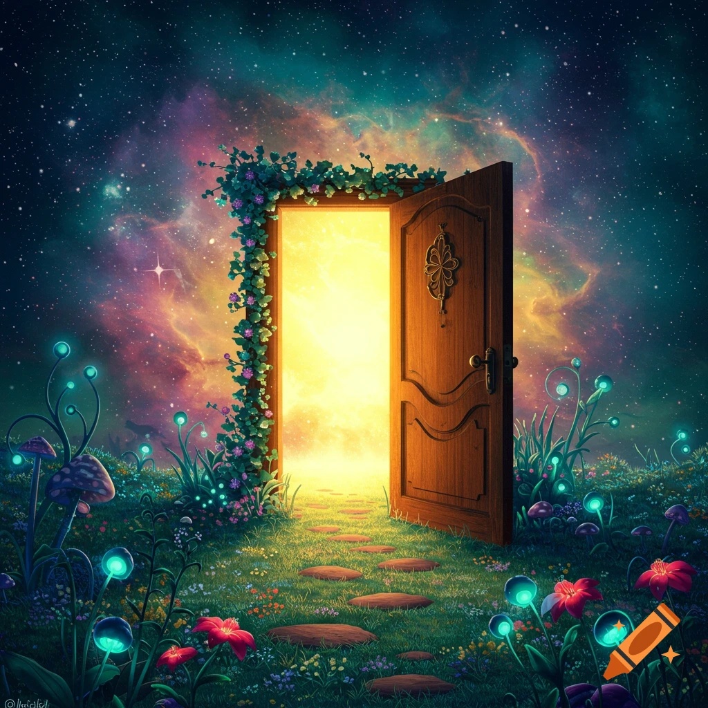 An open wooden door stands in a field of glowing fantasy plants under a starry, colorful sky, digital art.