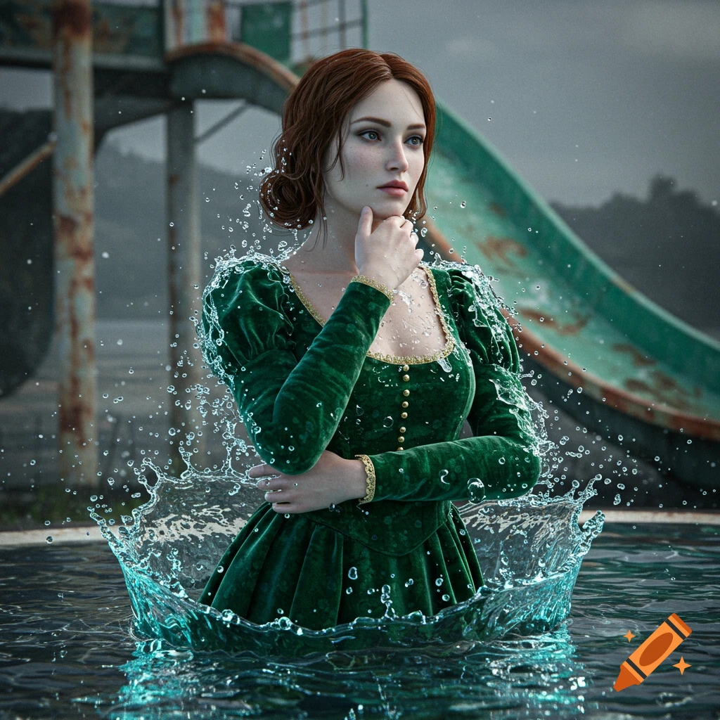 Hyperrealistic portrait of a woman in a green velvet gown in water near an abandoned water slide with a splash.
