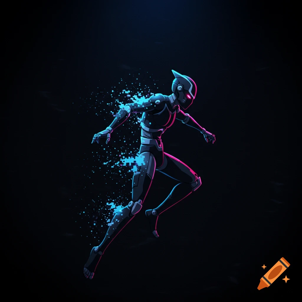 Sleek futuristic ninja android turning invisible against dark background, anime style.
