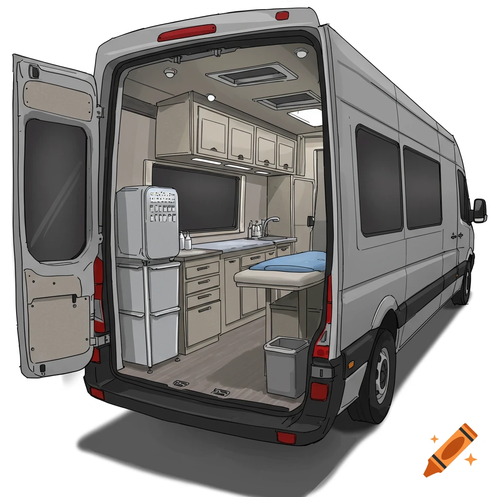 Digital illustration of the open back of a gray van converted into a mobile clinic with a treatment table, sink, and cabinets.