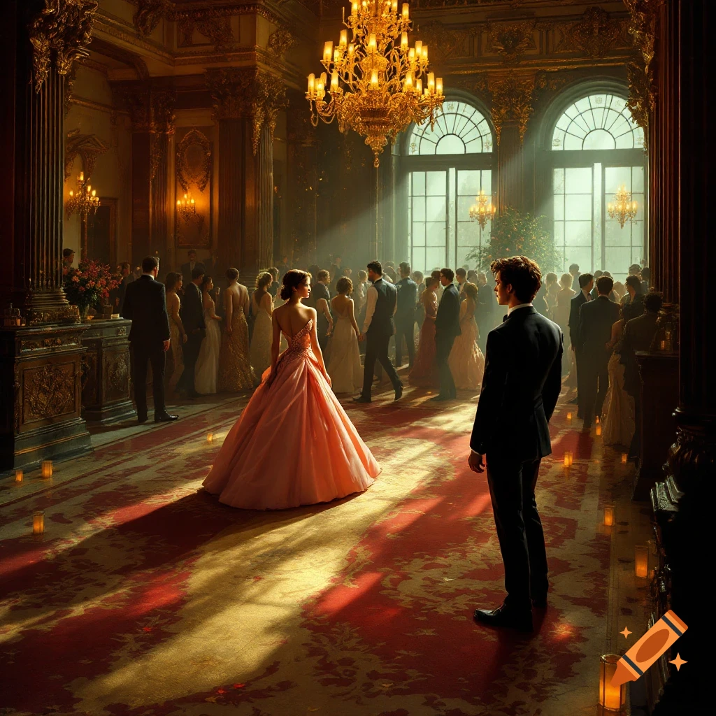 A grand ballroom with a man and woman looking at each other across the floor, surrounded by guests in formal attire.
