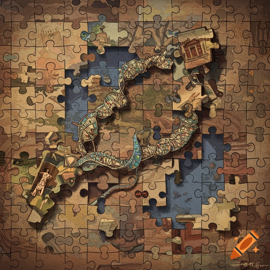 Stylized depiction of an incomplete puzzle depicting a map and a winding blue DNA strand.