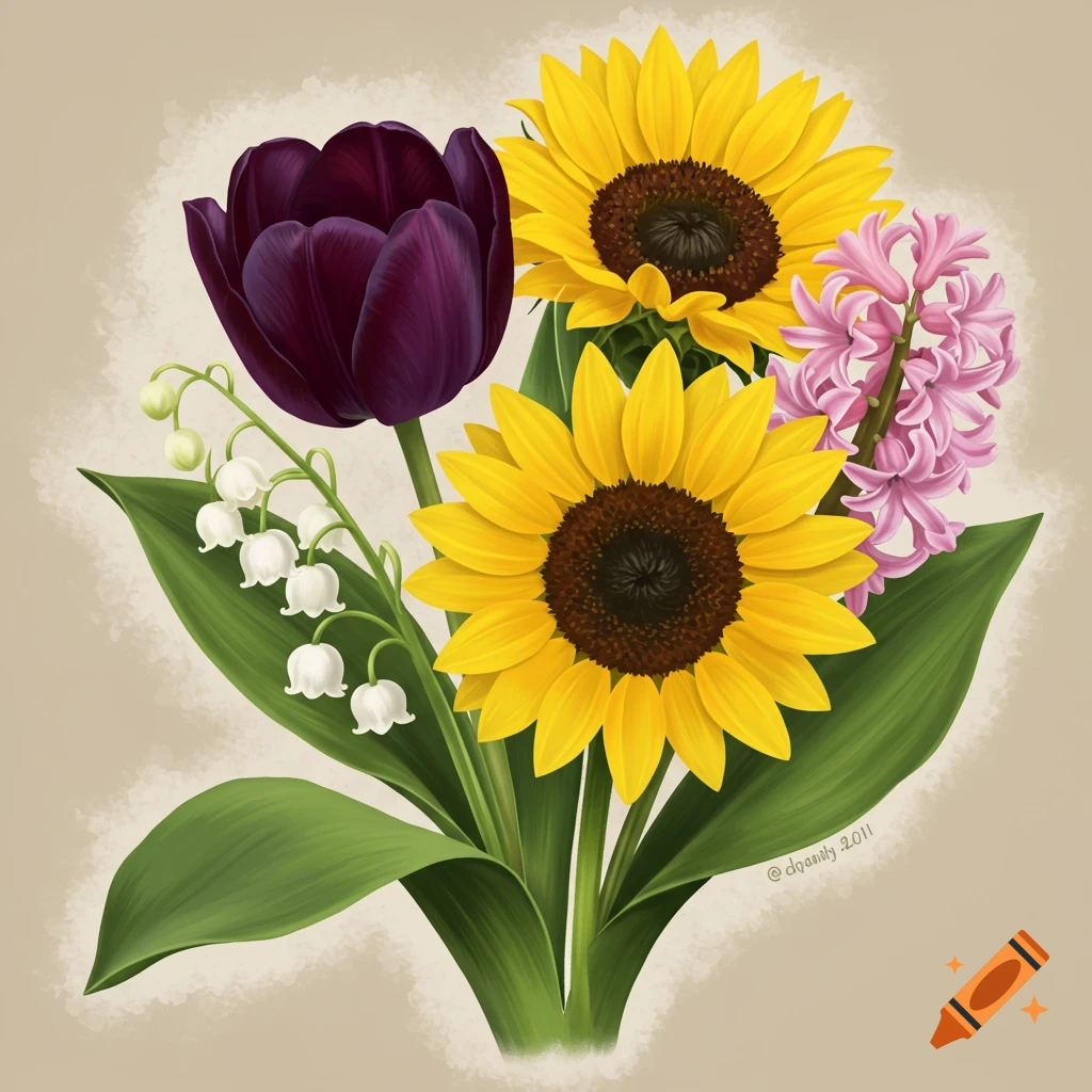 A bouquet with a dark purple tulip, sunflowers, lily of the valley, and a pink hyacinth.