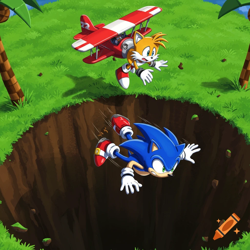 Sonic the Hedgehog falling into a pit while Tails in his biplane reaches down to catch him.