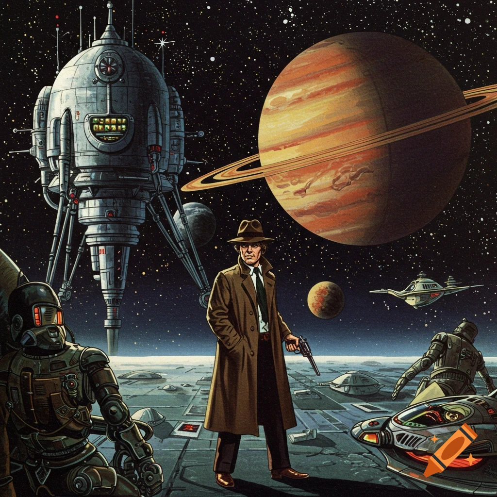 A retro science fiction illustration of a man in a trench coat holding a gun on an alien planet surface, with robots, a spacecraft, and a large ringed planet in the background.