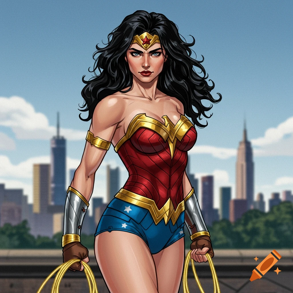 Wonder Woman in costume holding her lasso against a city skyline background.