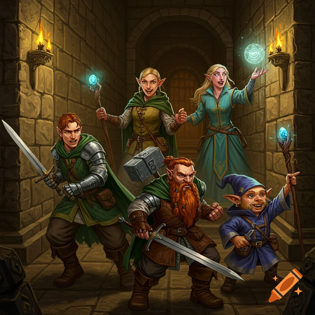 A group of fantasy adventurers stands ready for action in a stone dungeon corridor.