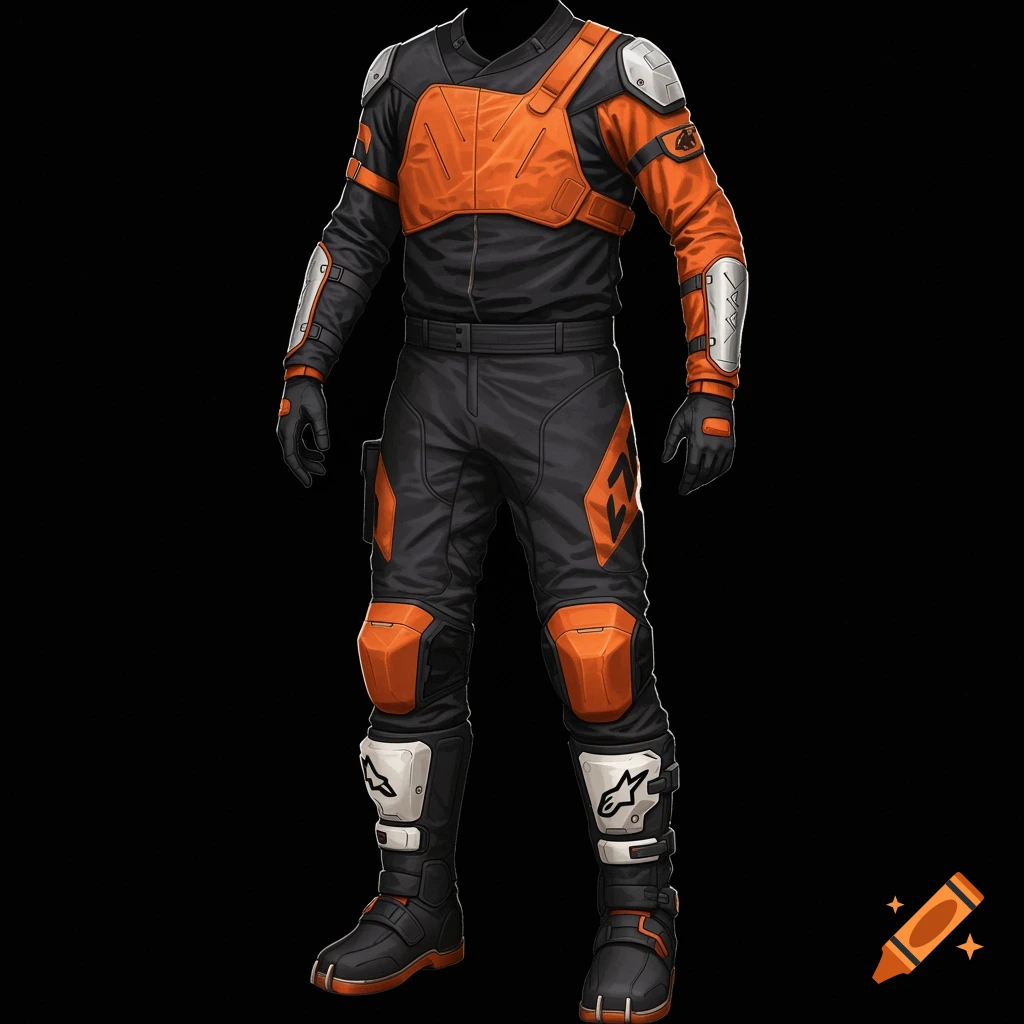An orange and black motocross and ninja suit with armor and boots is shown on a black background.