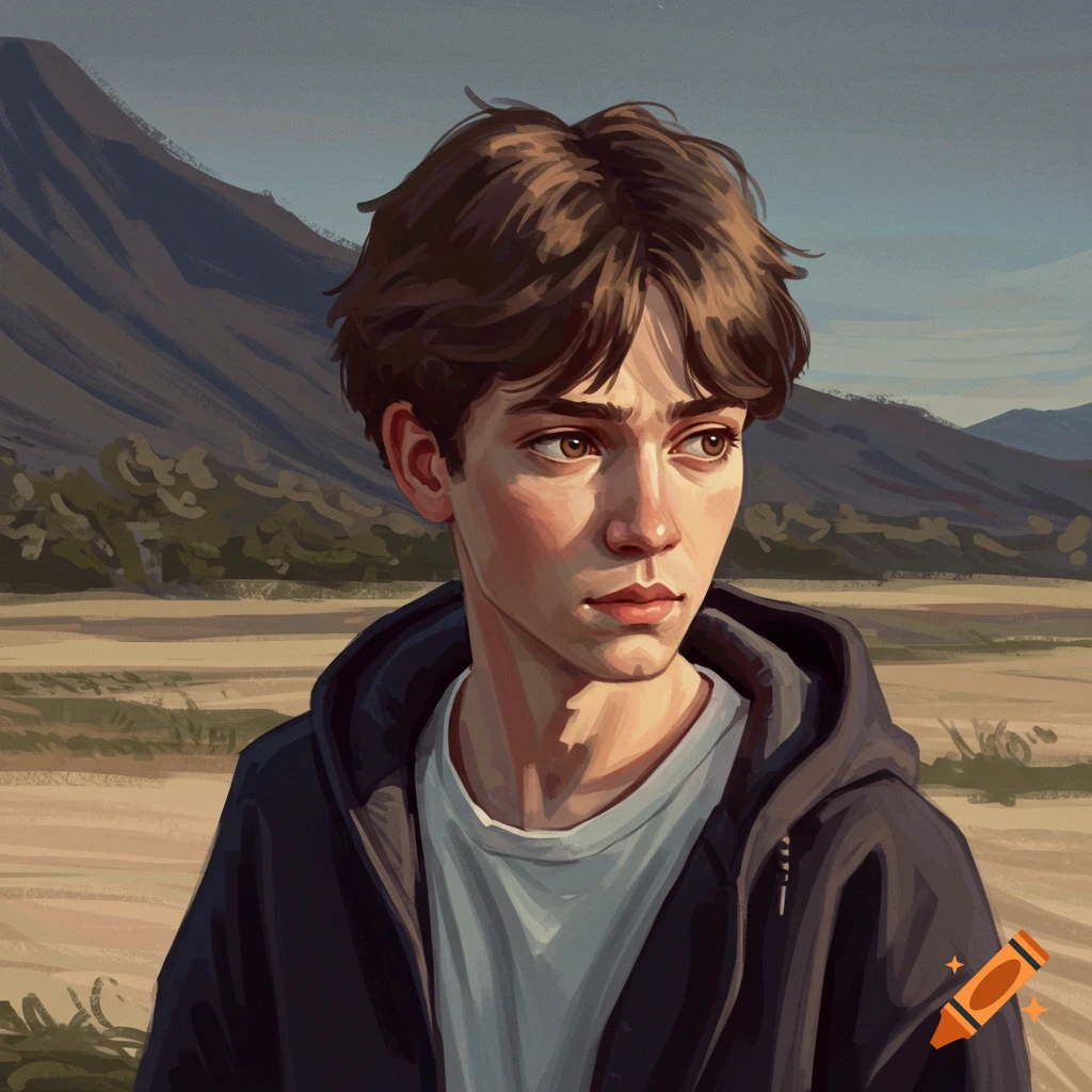 Portrait of a young man in a hoodie looking away, with mountains in the background.