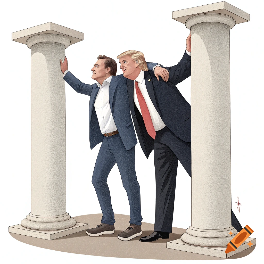 Illustration of two men resembling Elon Musk and Donald Trump standing with pillars