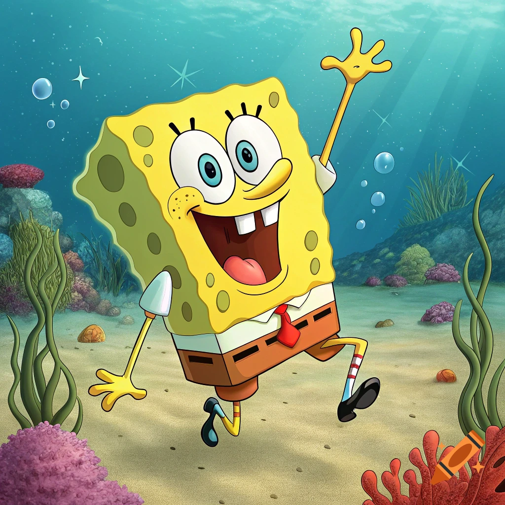 Spongebob Squarepants jumping underwater with coral and seaweed