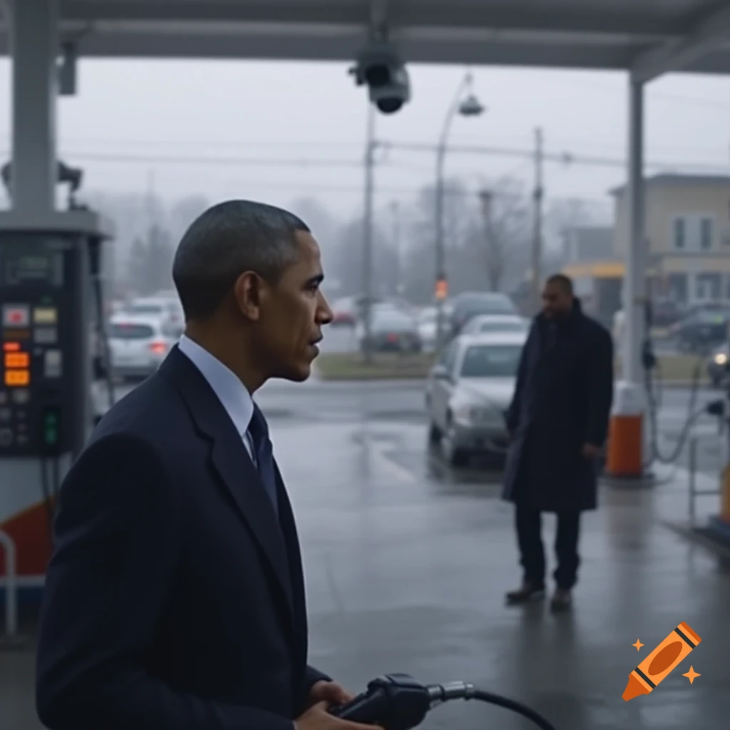 A man resembling Obama holds a gas pump nozzle at a gas station on a wet, foggy day.