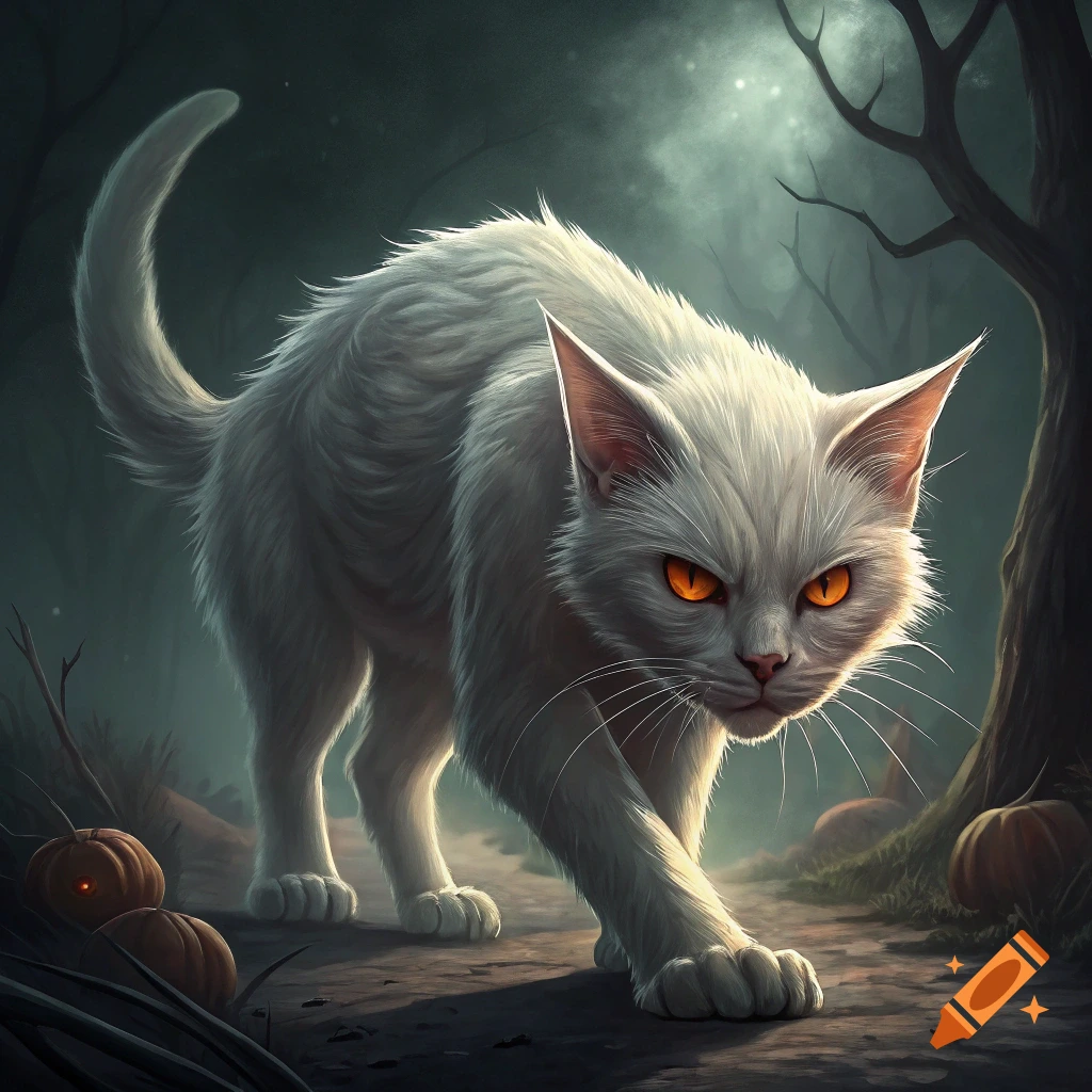White cat with glowing orange eyes walks through a dark forest path with pumpkins.