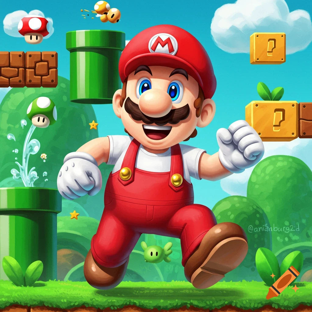 Mario running through a Super Mario Bros. level with question blocks and pipes.