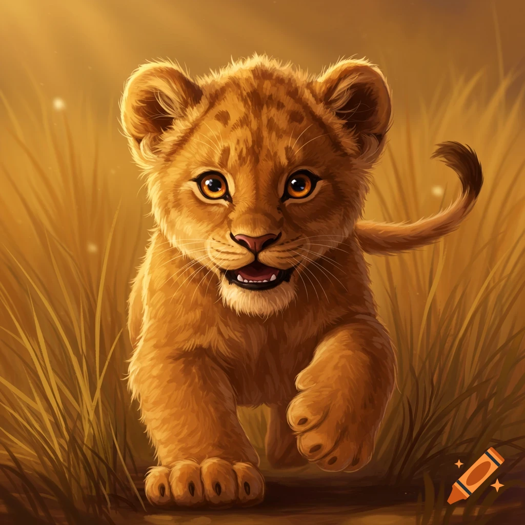 A cute lion cub running through tall grass at sunset.