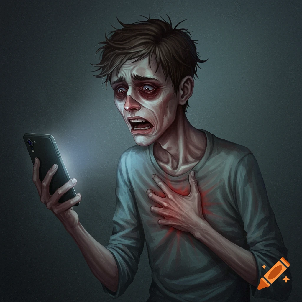 A gaunt young man looks distressed, holding a glowing phone and clutching his chest.