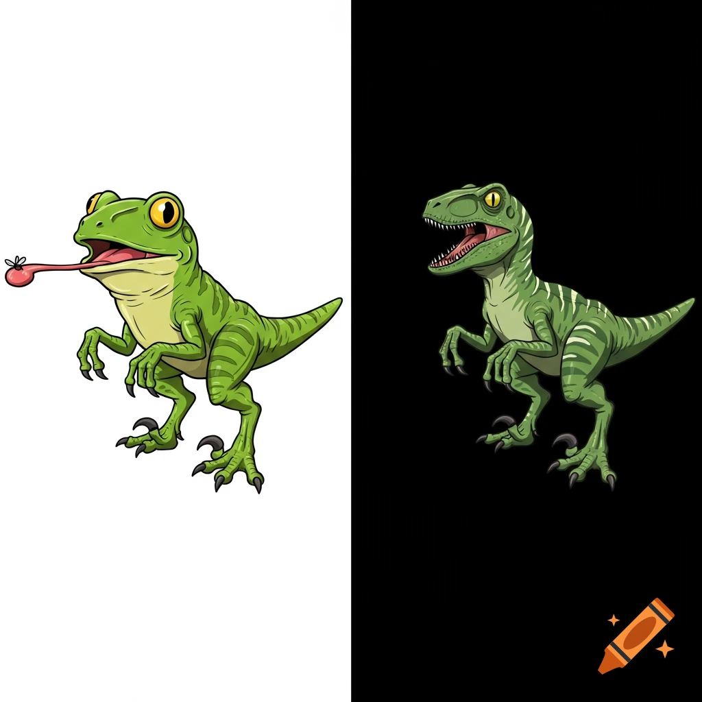 Two cartoon illustrations of a green creature combining frog and velociraptor features.