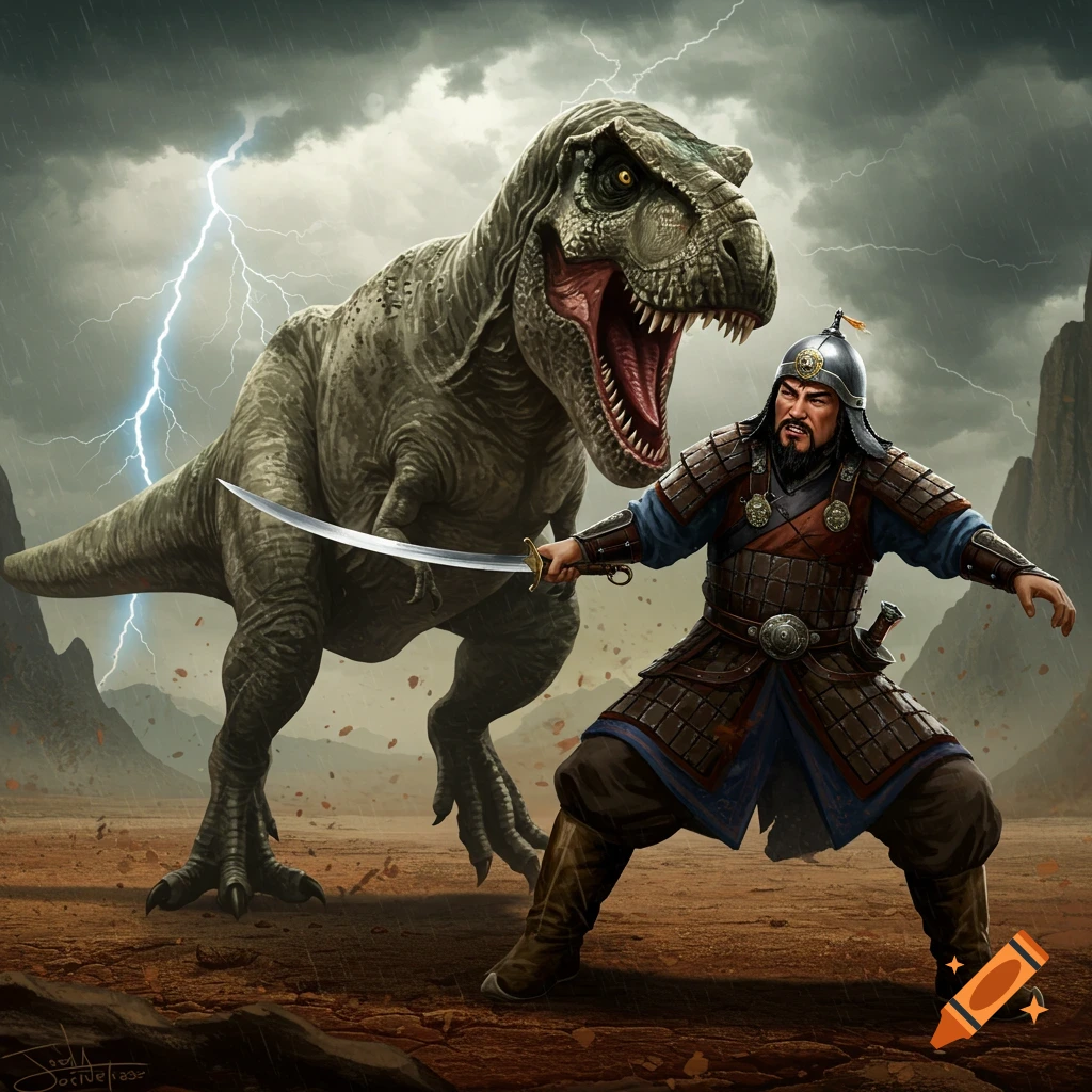Gengis Khan fighting a T-Rex during a thunderstorm.