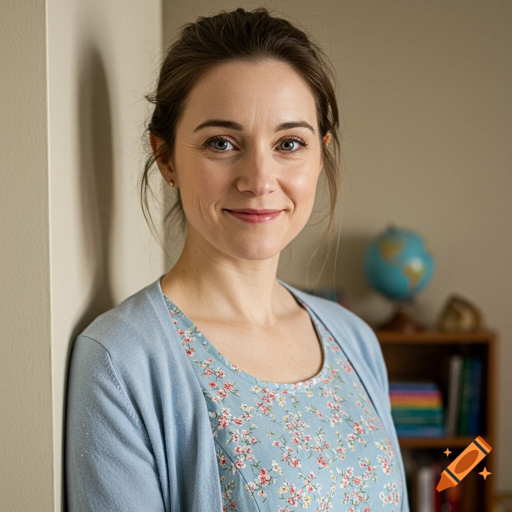 Portrait of a smiling woman in a floral dress and cardigan leaning against a wall.