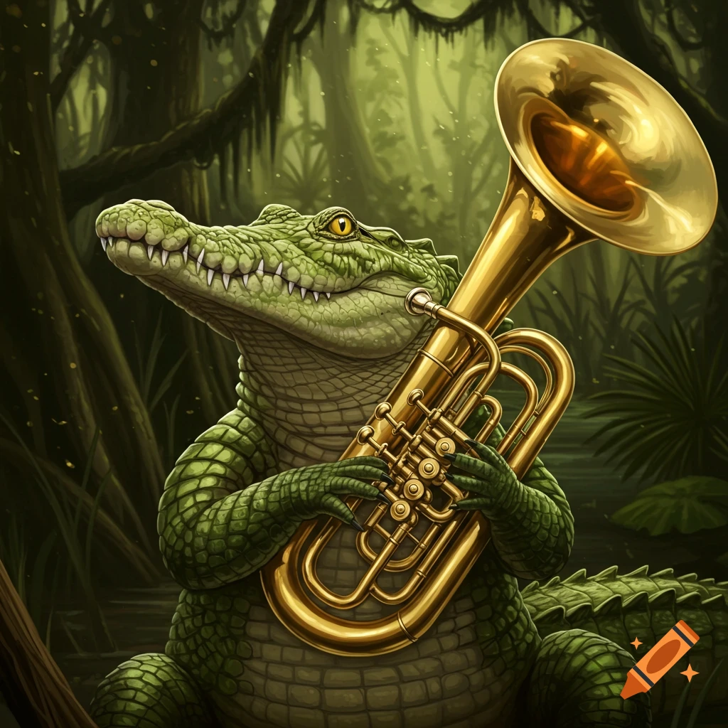 An alligator playing a brass instrument in a jungle.