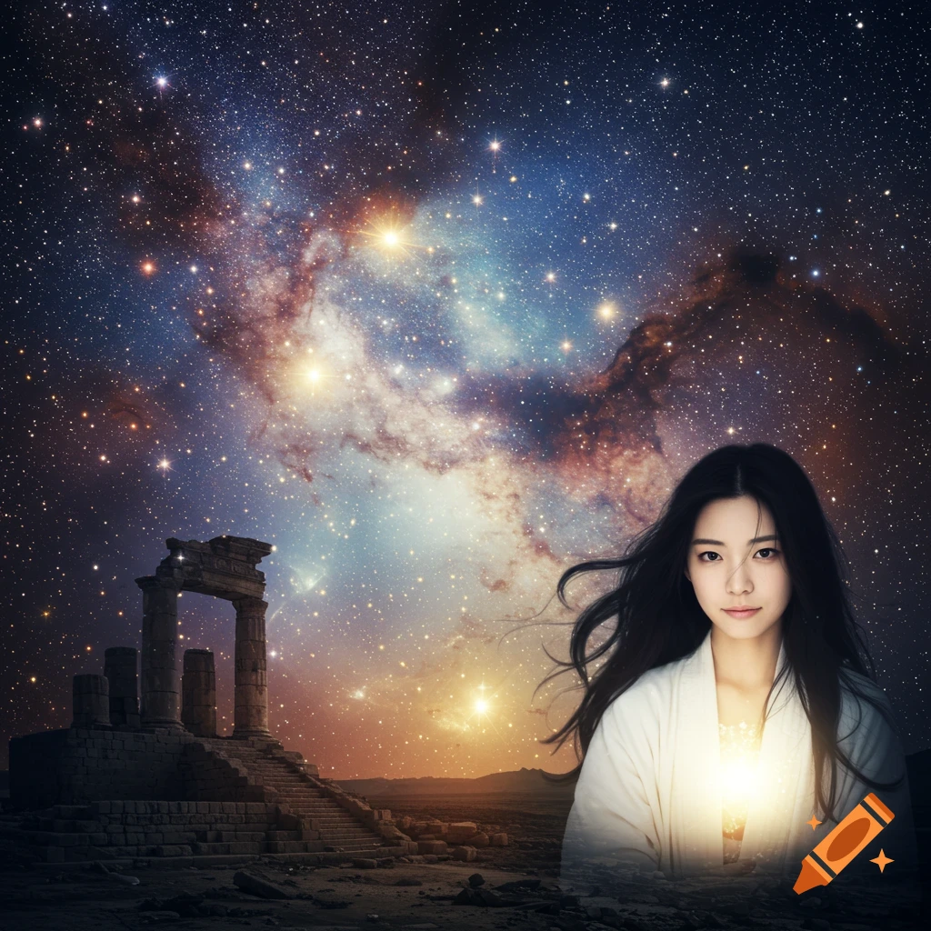 A woman stands before ancient ruins under a starry galaxy sky.