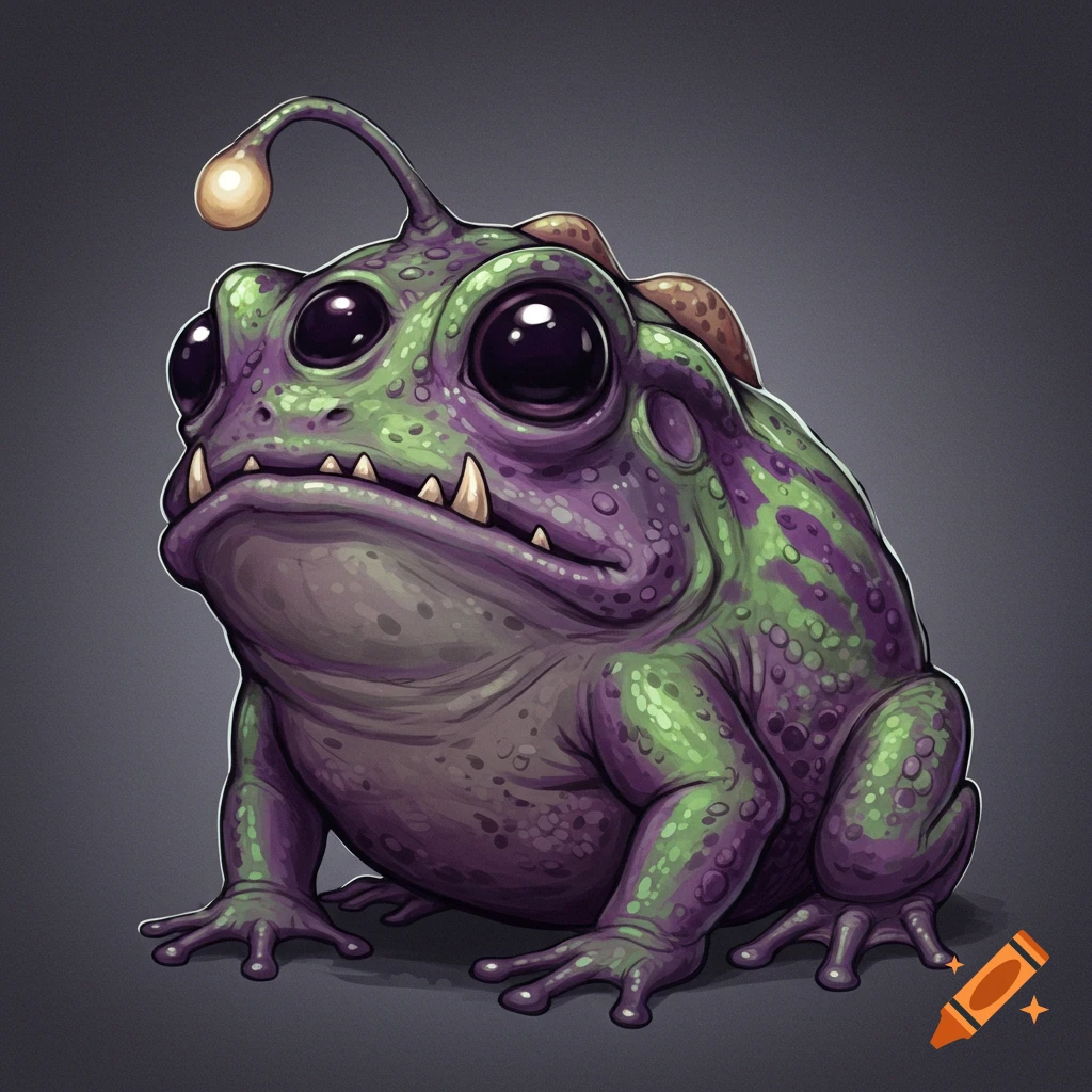 A purple and green fantasy creature with large eyes, sharp teeth, and an angler-like light.