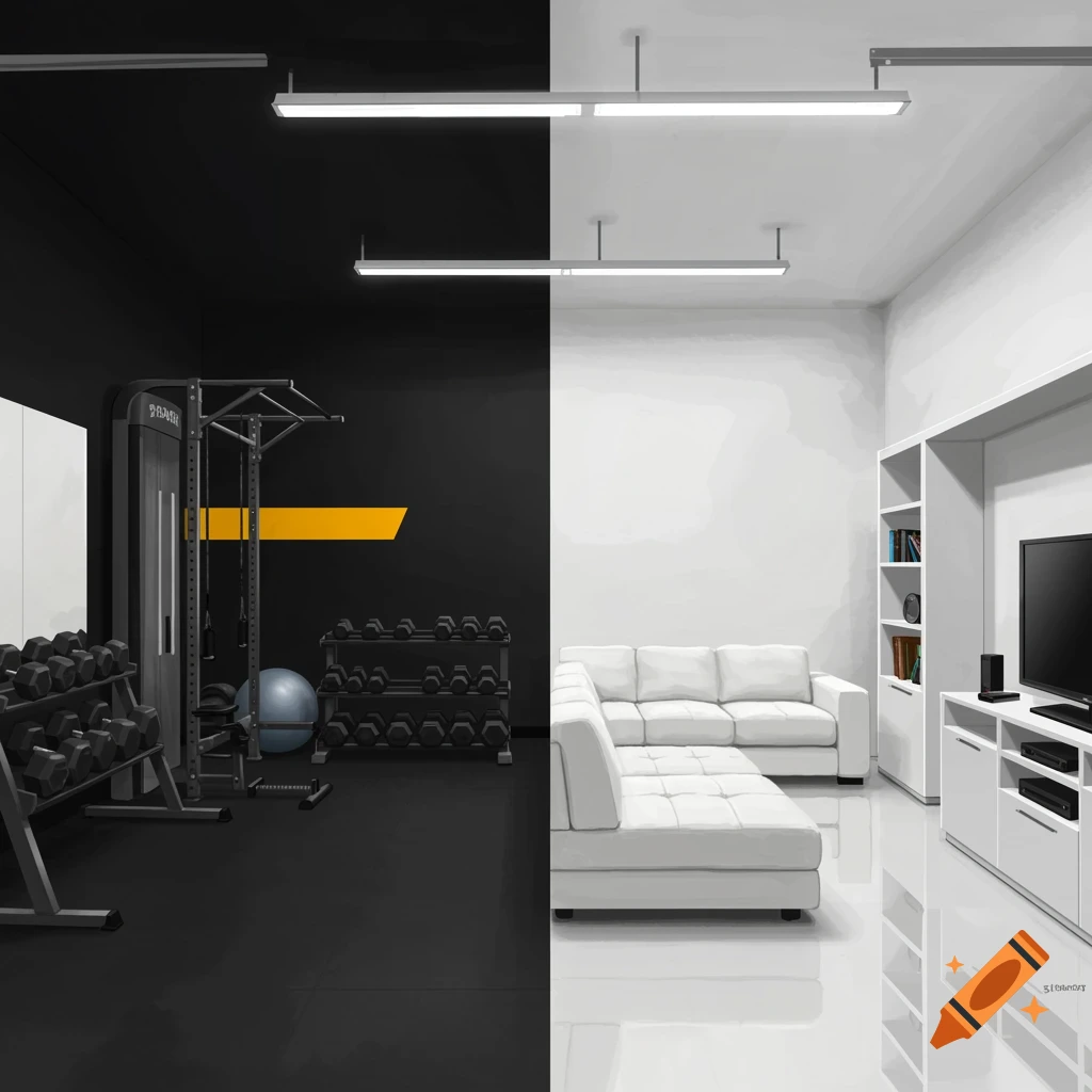 A split view of a room with a home gym on the left and a living room on the right.
