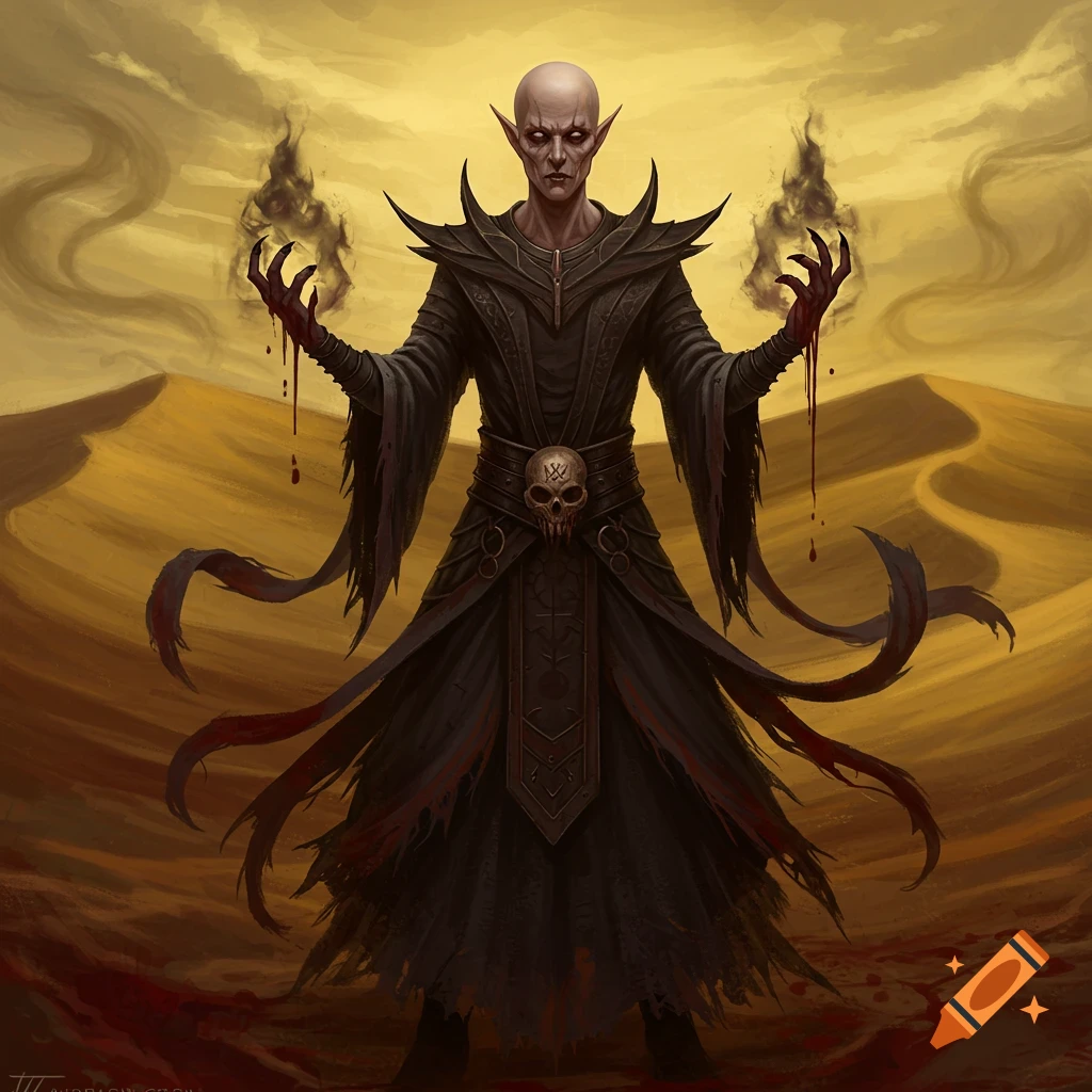 A bald elf Dark Priest with blood on his hands and the ground raises his hands, casting dark magic in a desert.