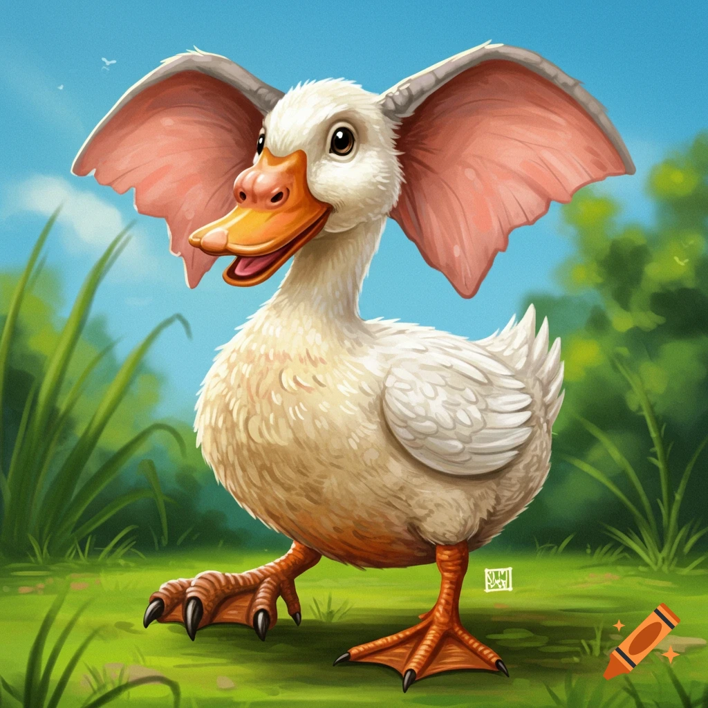 A cartoonish white duck creature with pink elephant ears and scaly dinosaur legs standing in a grassy field.
