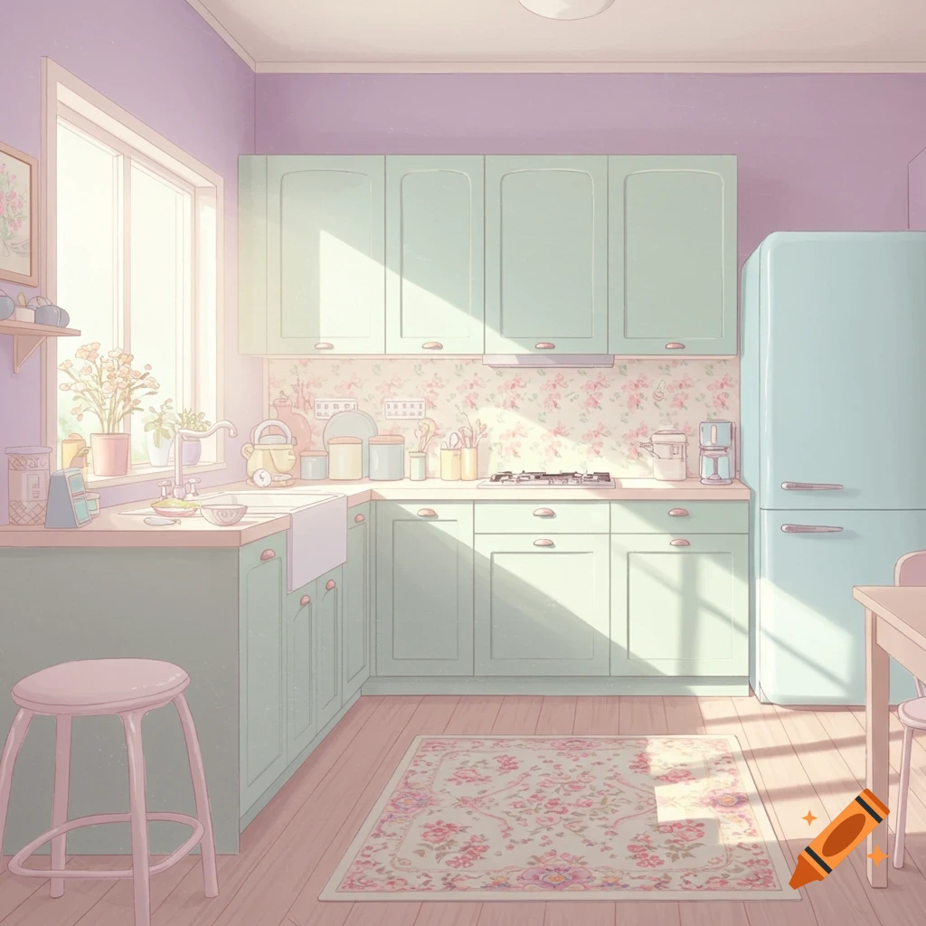Pastel-colored kitchen with sunlight streaming through a window.