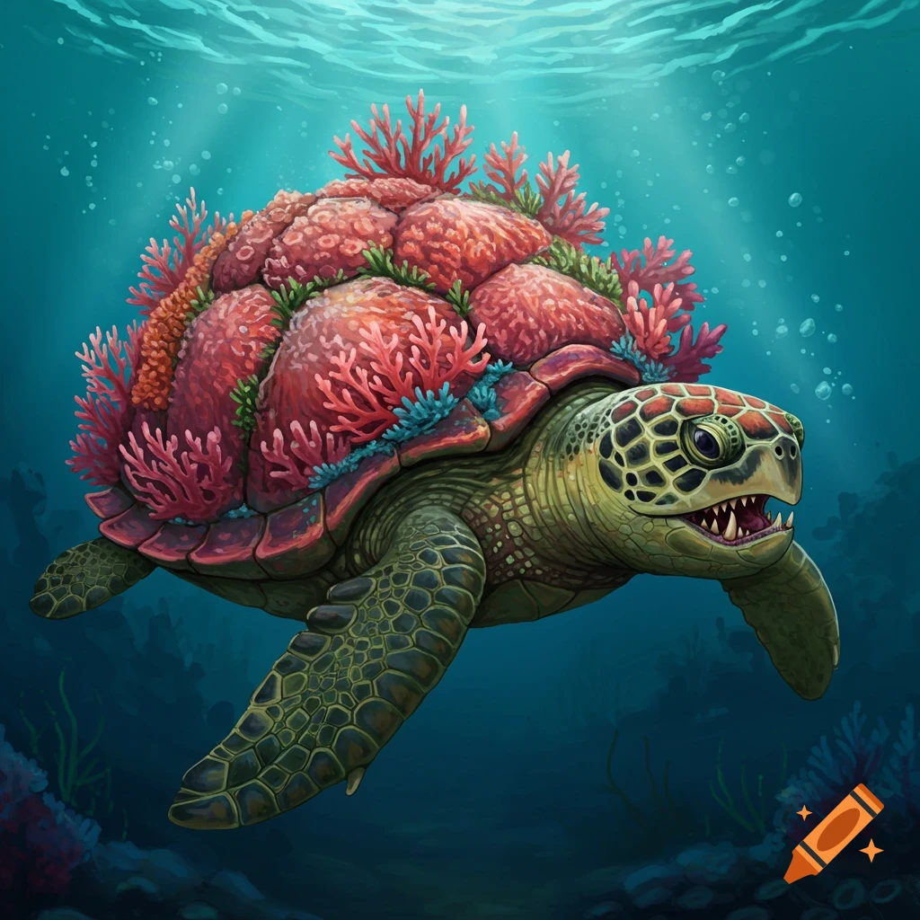 A fantasy turtle with a coral shell and sharp teeth swimming underwater.