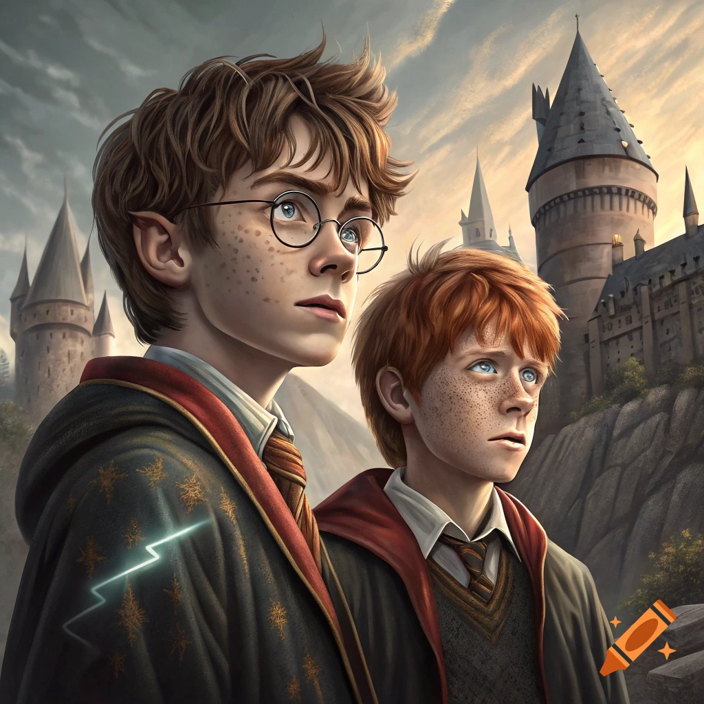 Two young boys resembling Harry Potter and Ron Weasley stand before a large castle in a fantasy illustration.