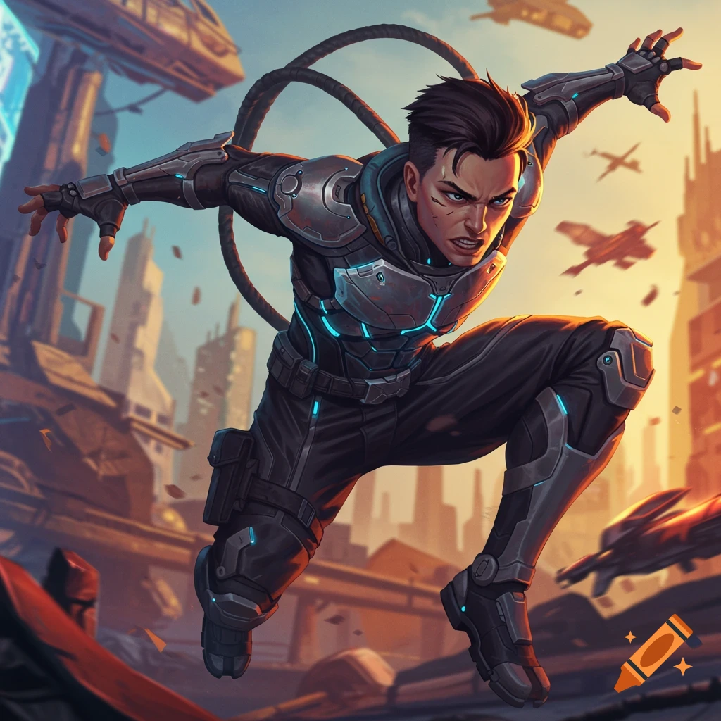 A person in futuristic armor is jumping in a sci-fi city.