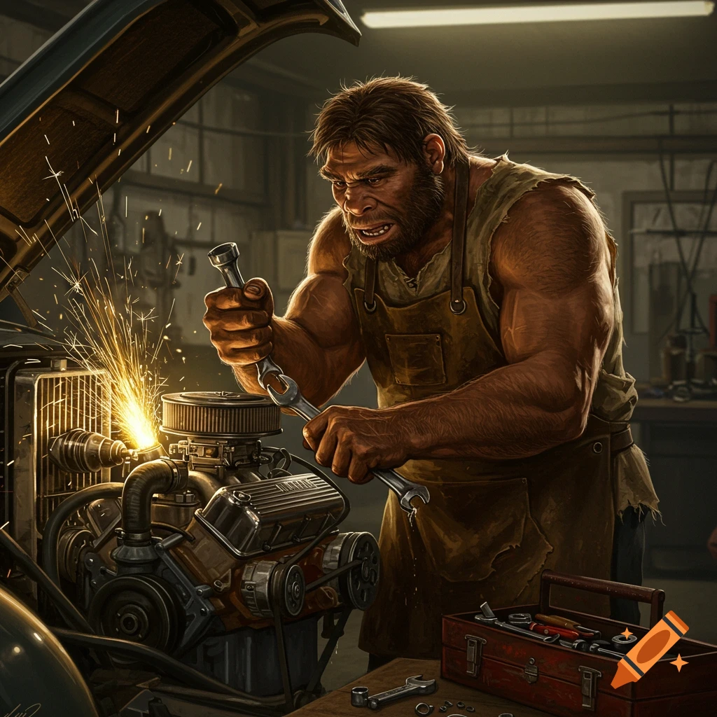A muscular Neanderthal mechanic working on a car engine in a workshop, sparks flying.
