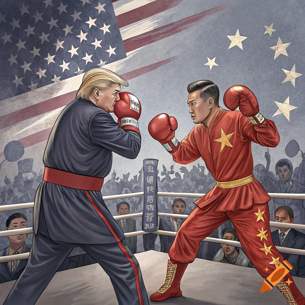 Illustration of two boxers, one representing the US, the other China, in a boxing ring.