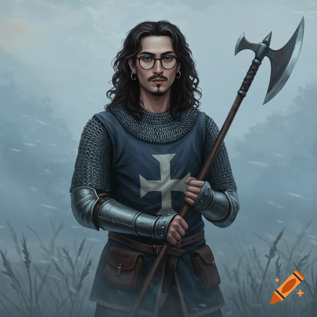 A long-haired man in knight armor holds an axe in a foggy field.