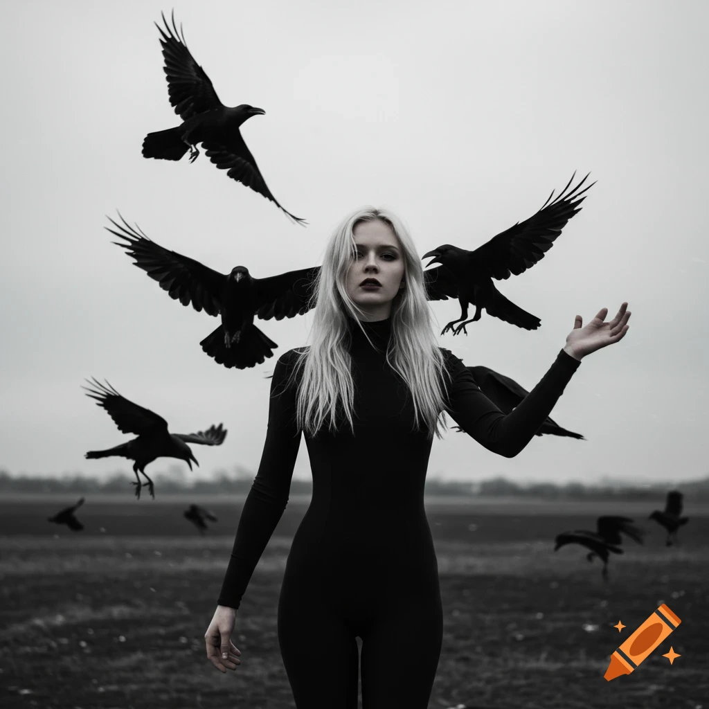 Blonde woman in black stands in a field as crows fly around her against a gray sky.