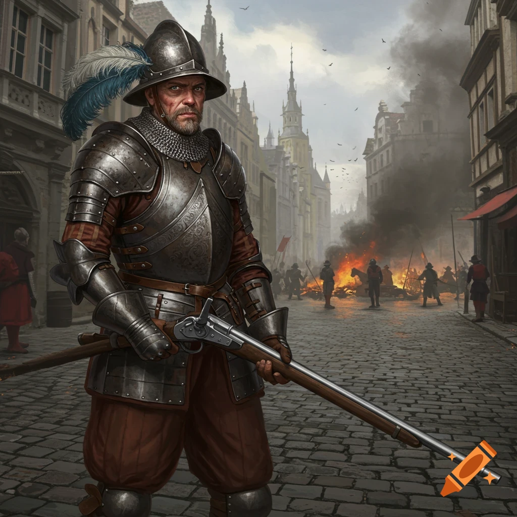 A 17th-century arquebusier soldier stands in a cobblestone street during a city battle.