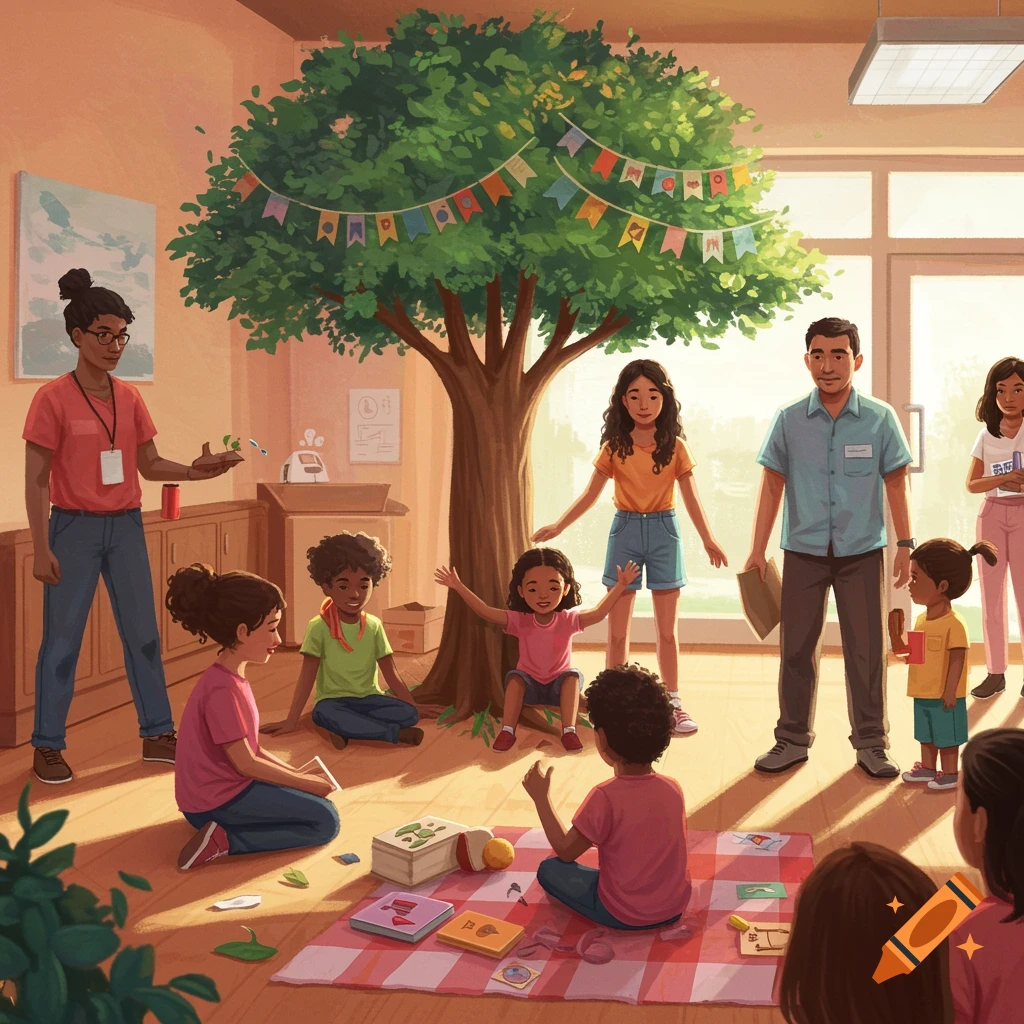 Diverse adults and children gather around a tree indoors for an activity.