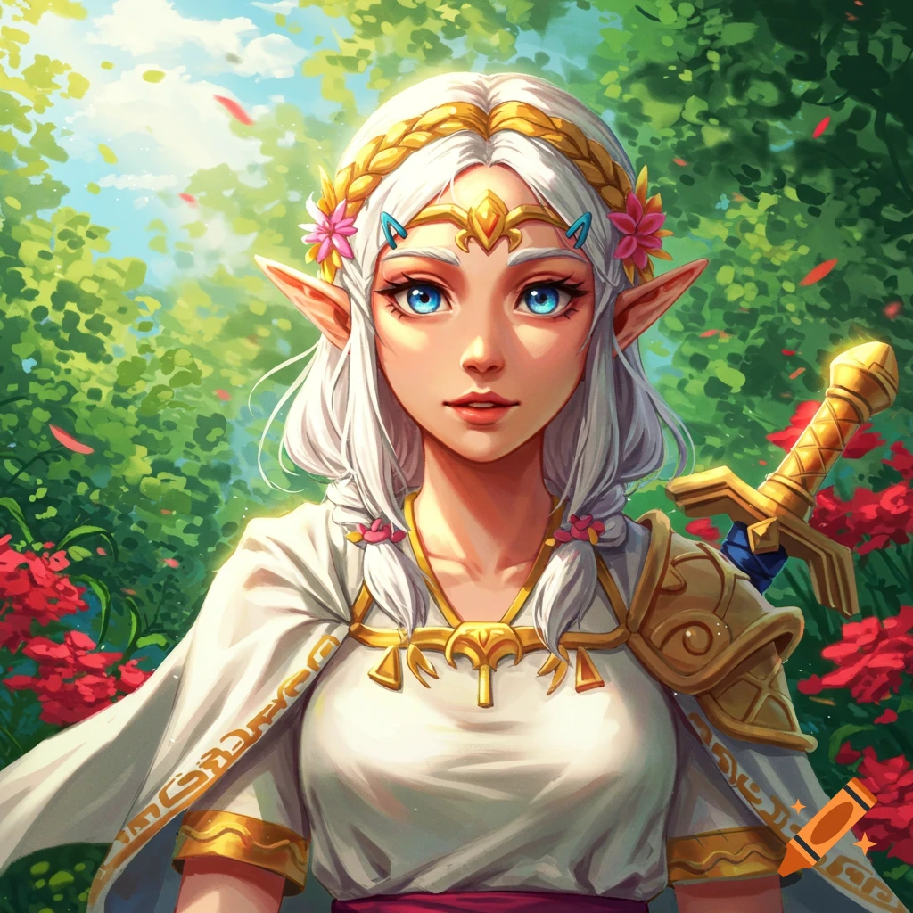 A woman with white hair and a white and gold outfit stands in a forest. She is holding a sword.