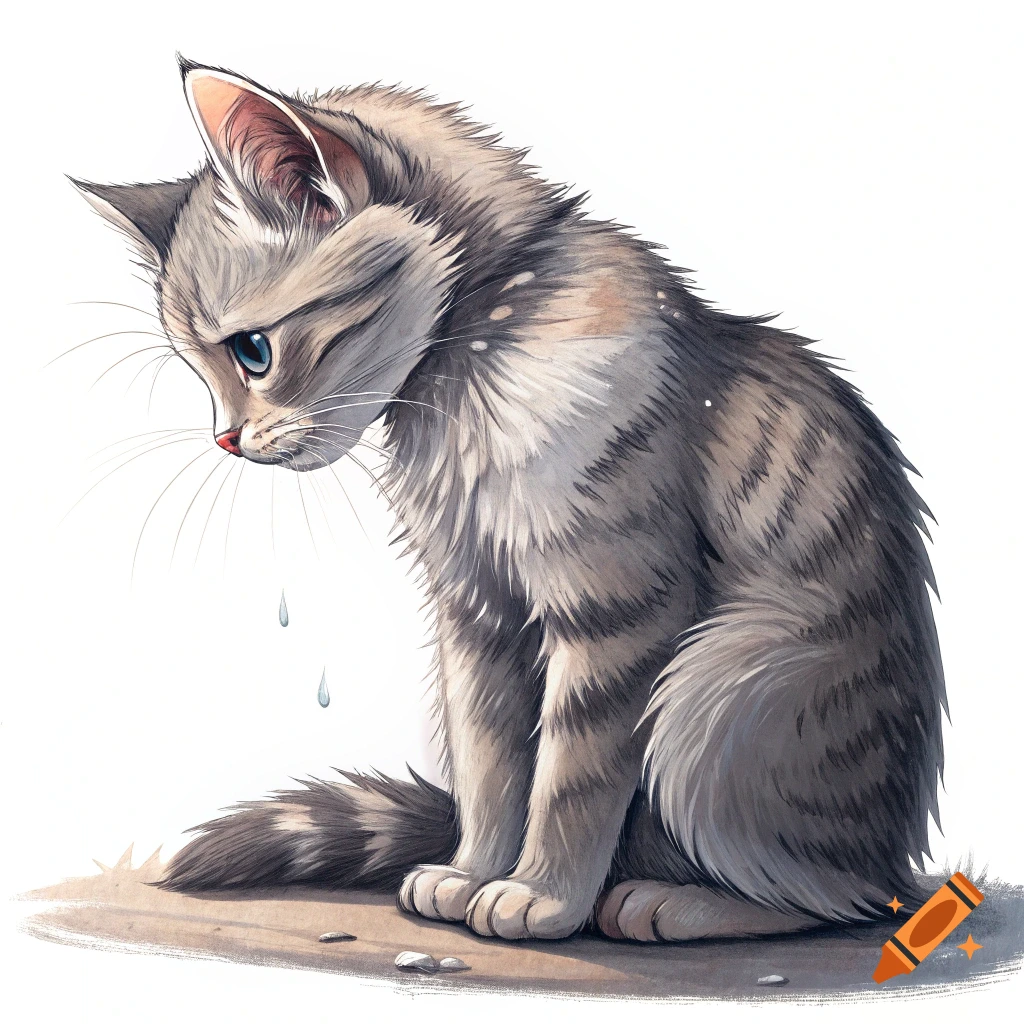 Watercolor illustration of a sad gray tabby cat with tears running down its face.