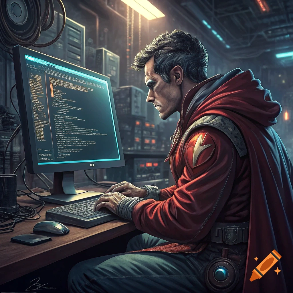 Man programming at a computer in a dark sci-fi lab, wearing a red hooded cape.